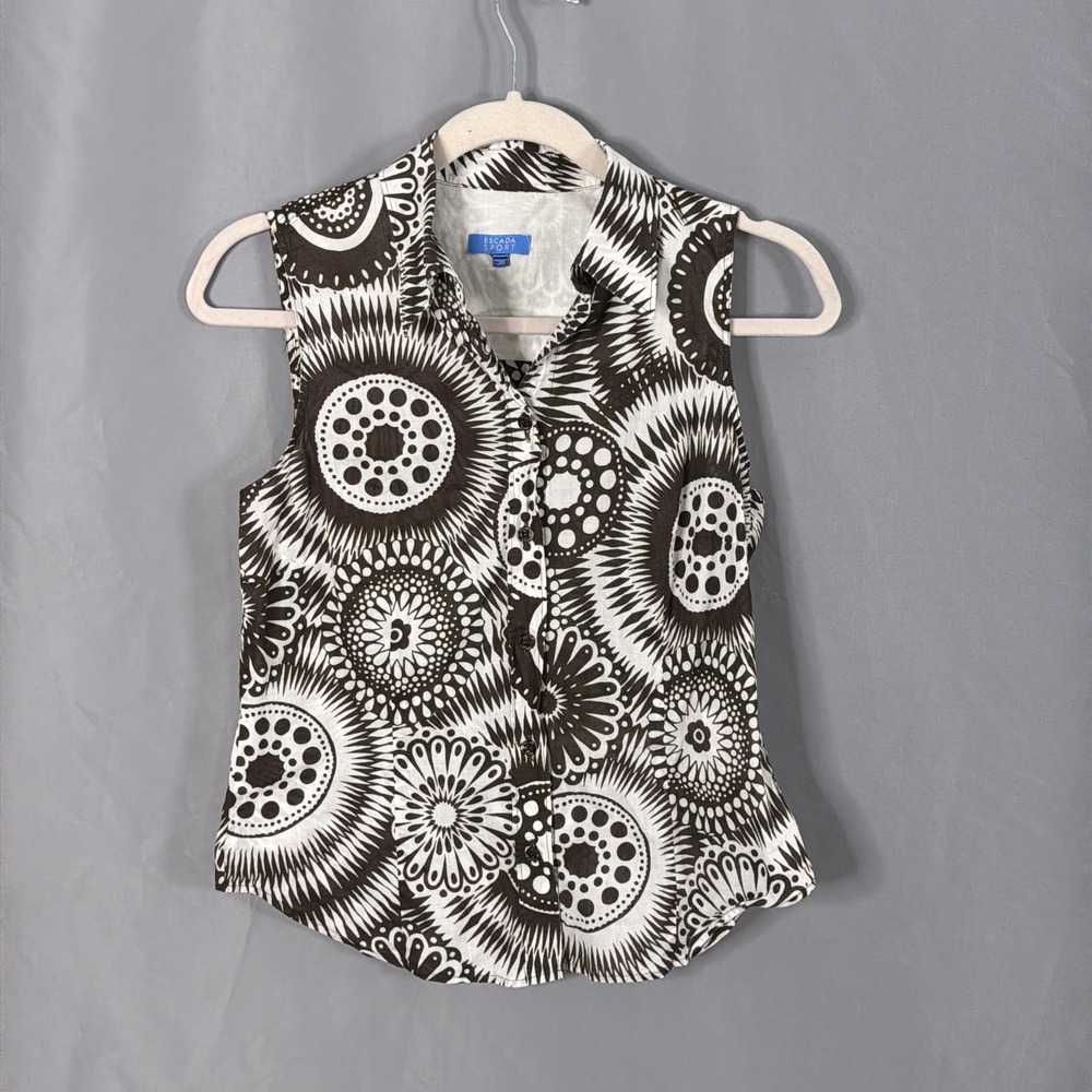 Escada Sport Top Womens 38 Brown Cotton Sleeveless Geometric Button Front Shirt